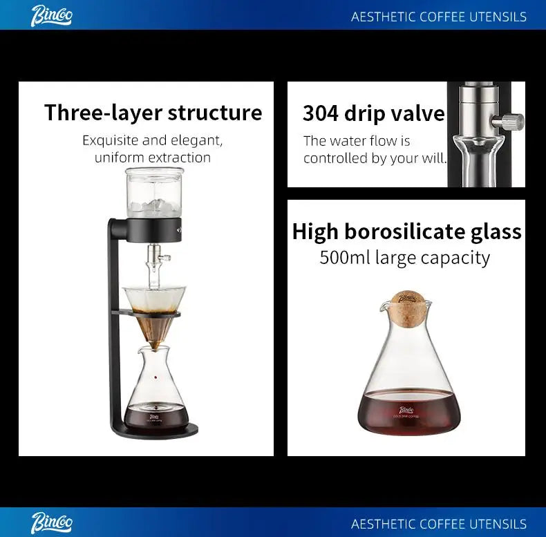 BINCOO L-Shaped Cold Brew Coffee Dripper Cold Brew Drip Coffee Maker Ice Brew Drip-Style Low-Temperature Slow-Brewed Coffee