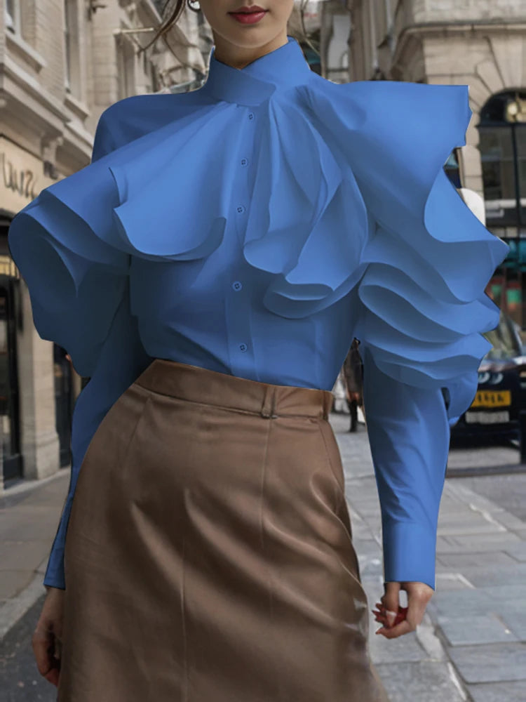 ZANZEA Vintage Solid Office Blouse Women Ruffled Stitching Street Shirts Spring 3D Long Sleeve Tops Casual Loose Buttons Tunics