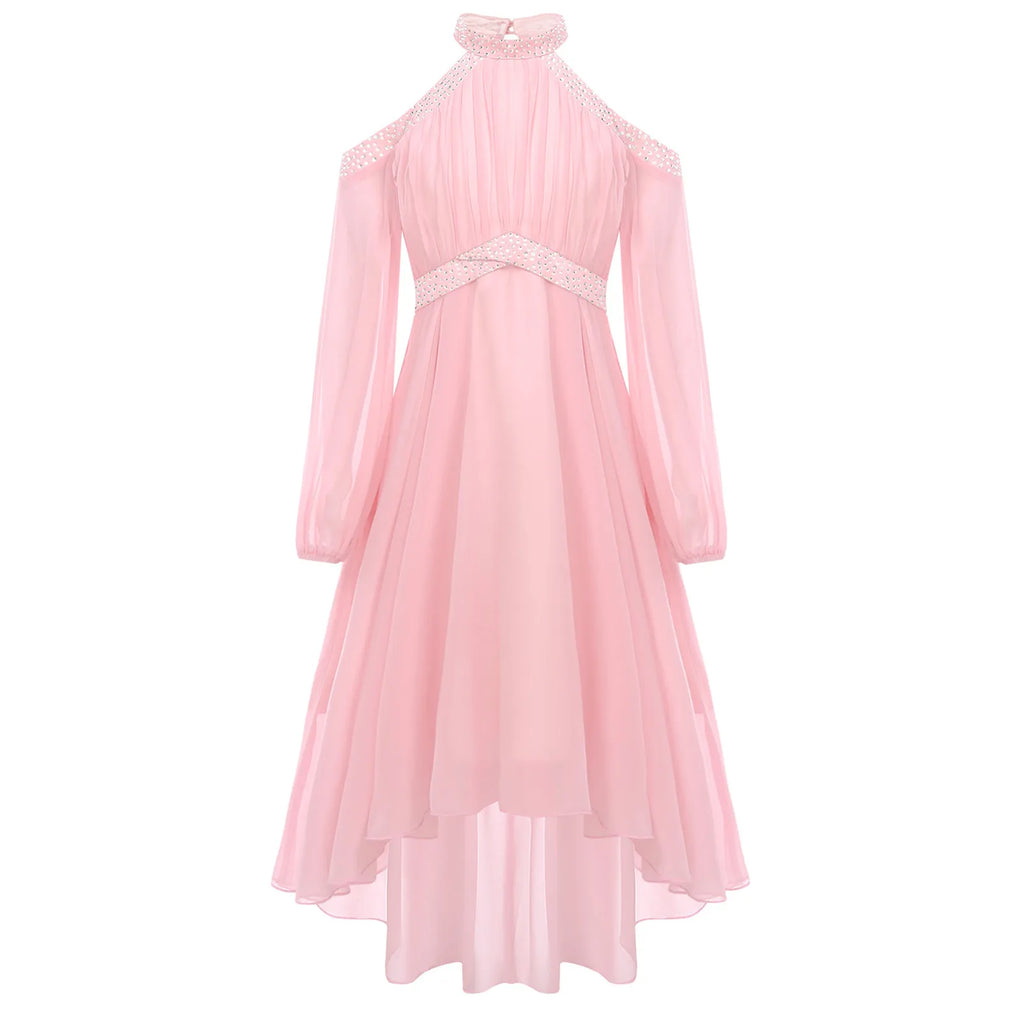 Kids Girls Elegant Party Dress Halter Off-shoulder High Waist Ruffled Chiffon Dresses Wedding Birthday Pageant Evening Prom Gown