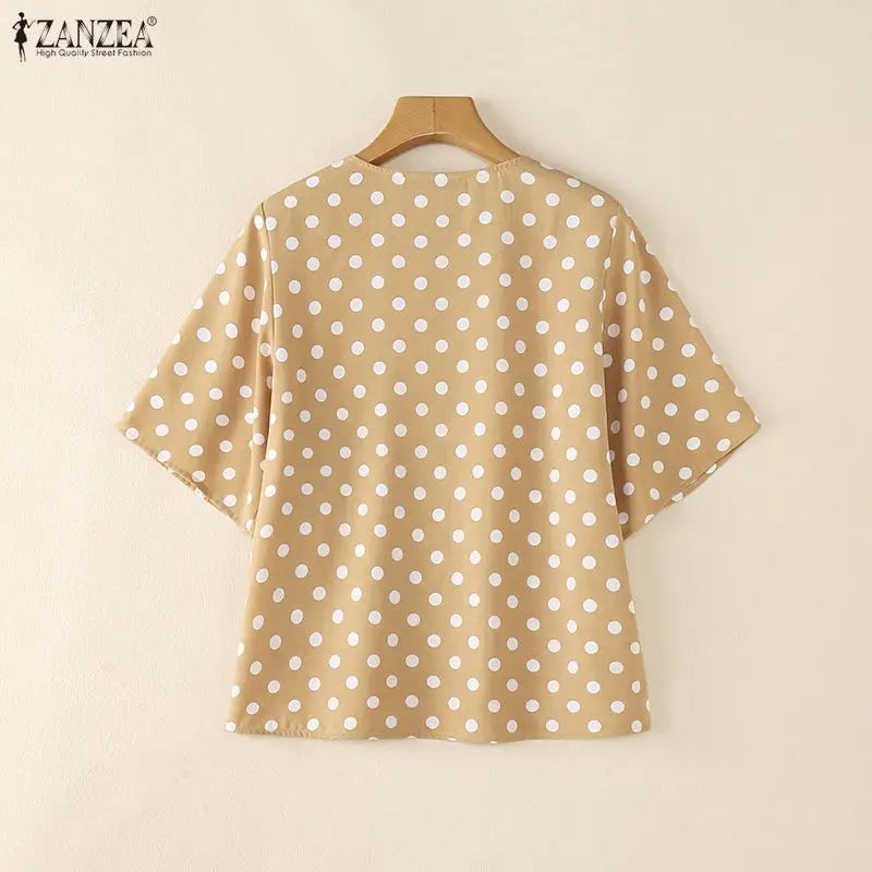 ZANZEA Elegant Woman Polka Dot Blouses Vintage V-Neck Half Bell Sleeves Loose Tops 2026 Summer Vacation Casual Blusas de Mujer