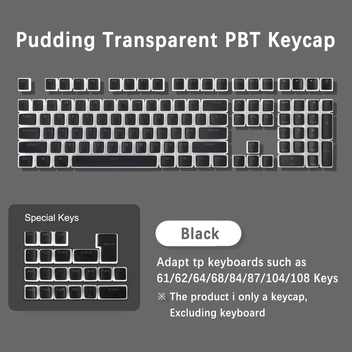 Pudding Keycaps, PBT Shine Through Keycaps 130 Keys Set OEM Profile, for 100%, 75%, 65%, 60% Keyboard for Mechanical Keyboard