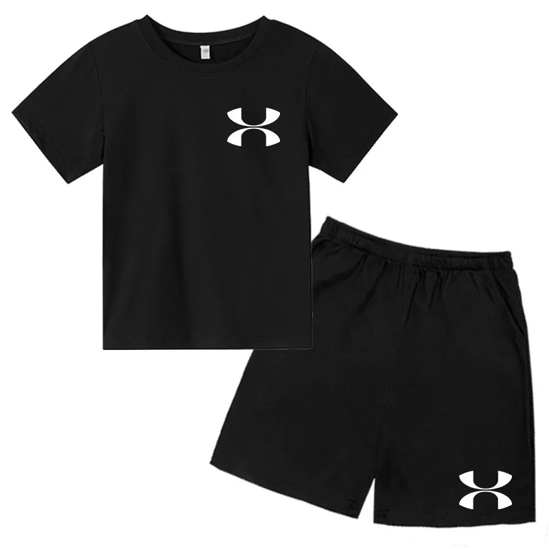 Kids Brand T-shirt Summer Clothes Letters Round Neck Fashion Short-sleeved+Shorts Two-piece Set Boy Girl 3-12Y Casual Sports Set