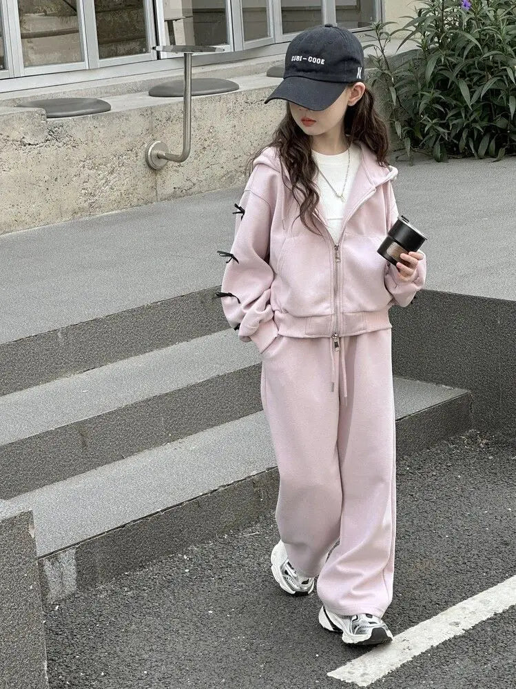 2026 casual spring winter girl cloth bow loose striped heart sweatshirt + wide leg pant teens children set 4 8 10 12 14 15 year