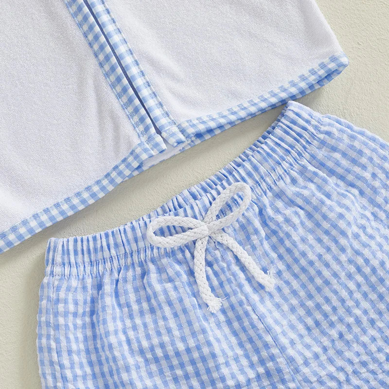 Toddler Kids Baby Girls Boys Summer Clothing Sets Short Sleeve Zipper Hood Tops with Plaid Print Shorts Beach Cover Up Outfits