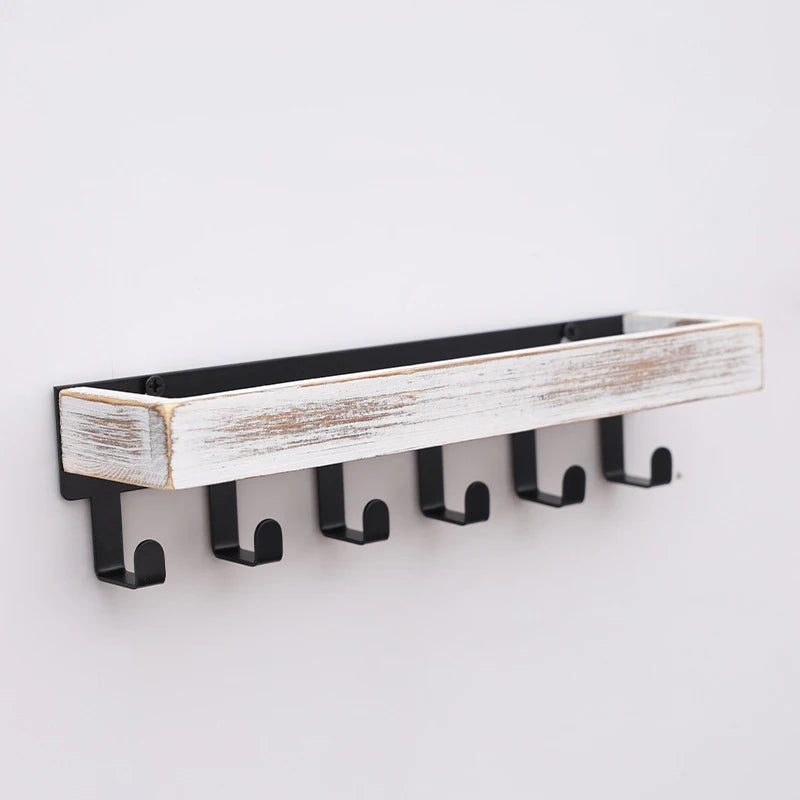 Rustic Wooden Floating Shelf with 6 Hooks Shower Caddy and Key Holder Nordic Style Storage Organizer for Home Bedroom Bathroom