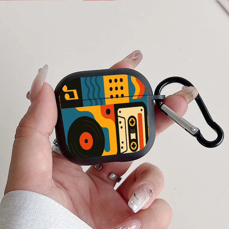 Trendy Retro Music Pattern Earbuds Case For AirPods 4/3/2/1 Case For AirPods Pro 3/Pro 2/Pro TPU Protective Cover with Keychain