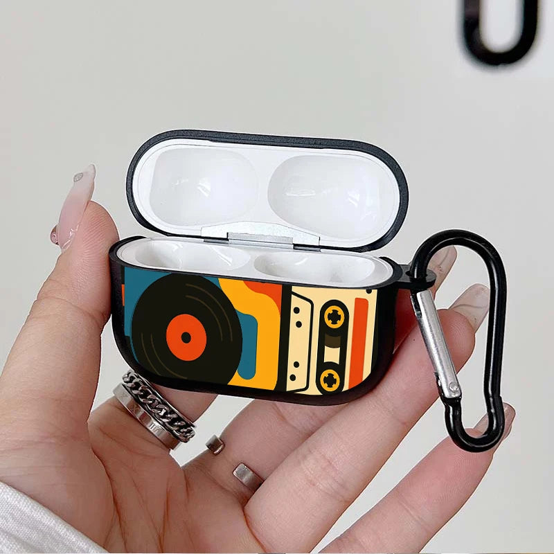 Trendy Retro Music Pattern Earbuds Case For AirPods 4/3/2/1 Case For AirPods Pro 3/Pro 2/Pro TPU Protective Cover with Keychain