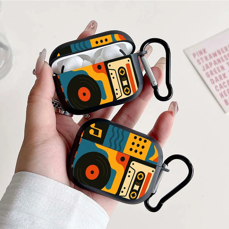Trendy Retro Music Pattern Earbuds Case For AirPods 4/3/2/1 Case For AirPods Pro 3/Pro 2/Pro TPU Protective Cover with Keychain