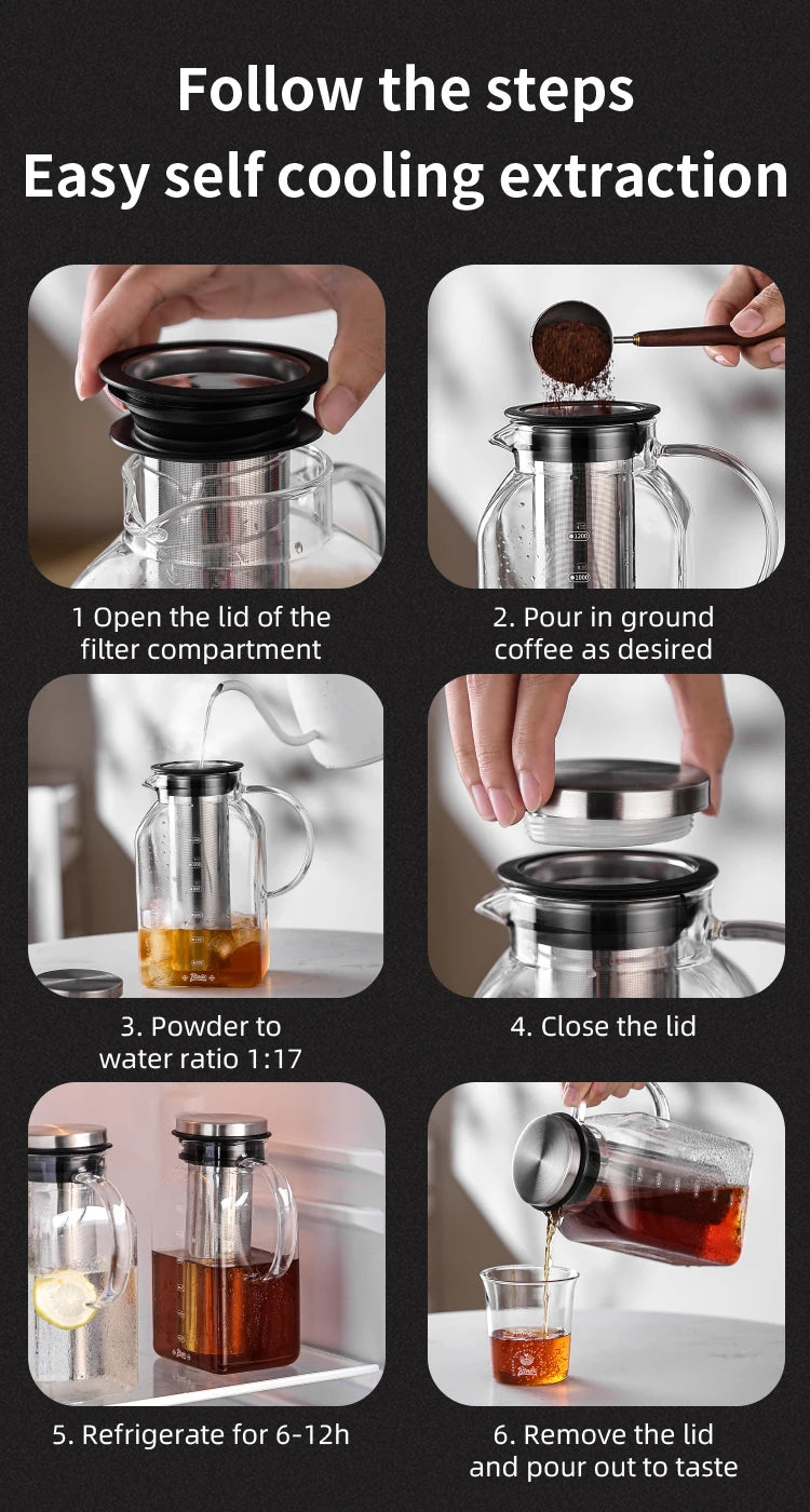 Bincoo 1200ML Glass Cold Brew Coffee Pot with double-layer Filter Cups Water Bottle Extracted Espresso Coffee Maker Juice Kettle