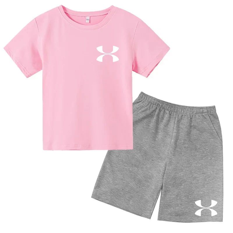 Kids Brand T-shirt Summer Clothes Letters Round Neck Fashion Short-sleeved+Shorts Two-piece Set Boy Girl 3-12Y Casual Sports Set