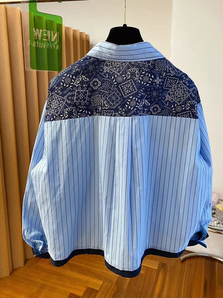 Chic Design Striped Long Sleeved Shirt Spring Autumn New Casual Retro Loose Shirts Versatile Women Fashion Tops