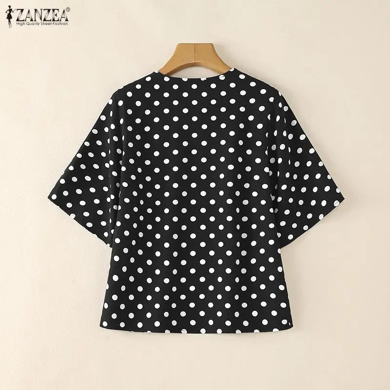 ZANZEA Elegant Woman Polka Dot Blouses Vintage V-Neck Half Bell Sleeves Loose Tops 2026 Summer Vacation Casual Blusas de Mujer