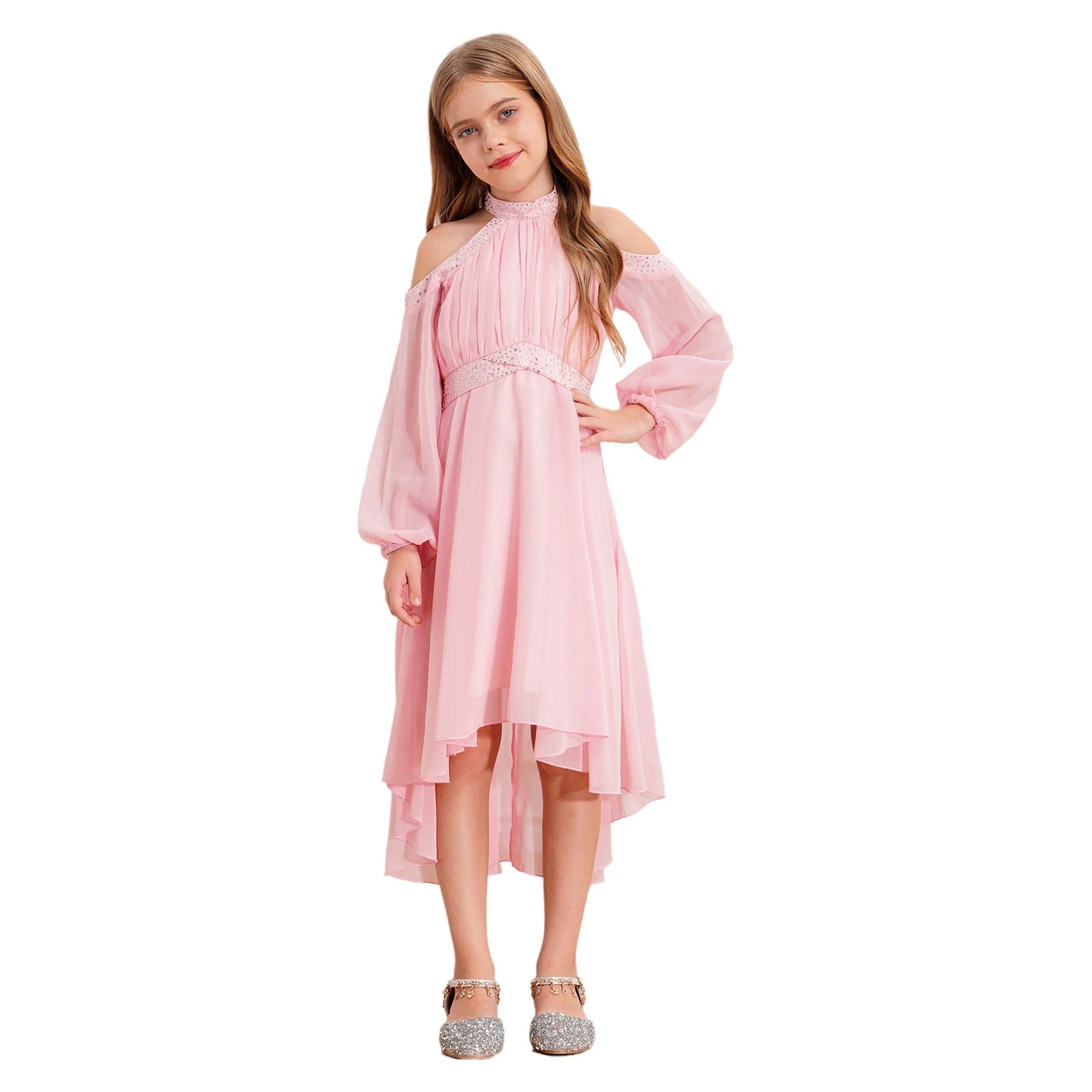 Kids Girls Elegant Party Dress Halter Off-shoulder High Waist Ruffled Chiffon Dresses Wedding Birthday Pageant Evening Prom Gown