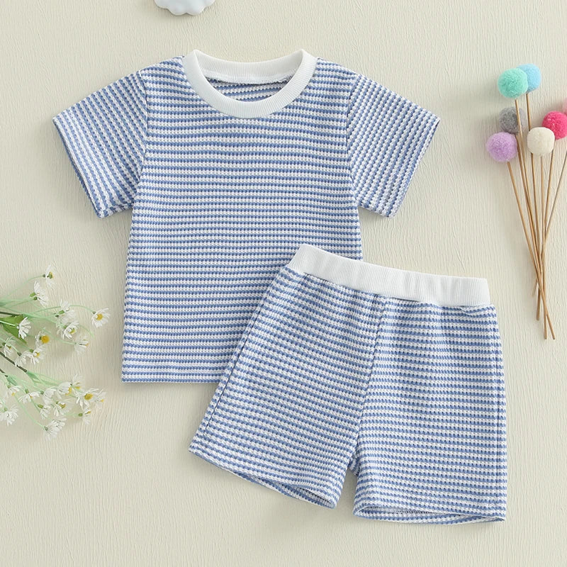 2024-12-30 Lioraitiin Toddler Baby Boys Summer Outfit Waffle Striped Short Sleeve T-shirt Elastic Waist Shorts Set