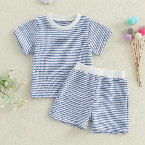 2024-12-30 Lioraitiin Toddler Baby Boys Summer Outfit Waffle Striped Short Sleeve T-shirt Elastic Waist Shorts Set