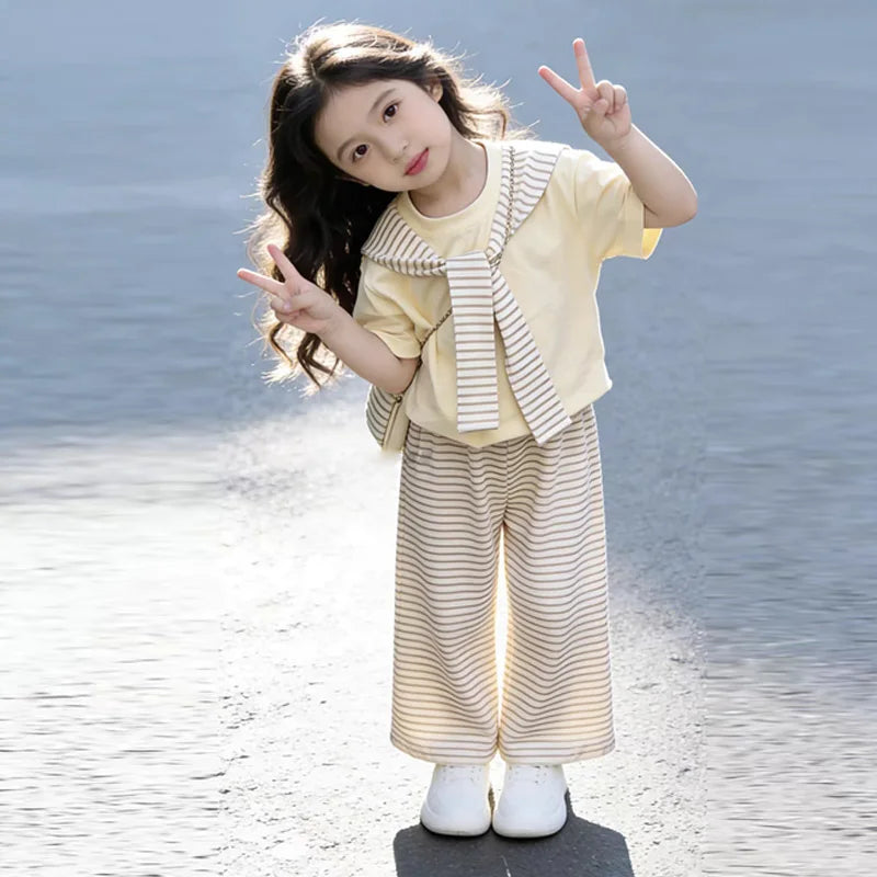 New Girls Summer Sets Children Casual Printed T-Shirt Suit Kids Short-Sleeve Top+Shorts Pcs Outfits Teenager Fashion Clothes