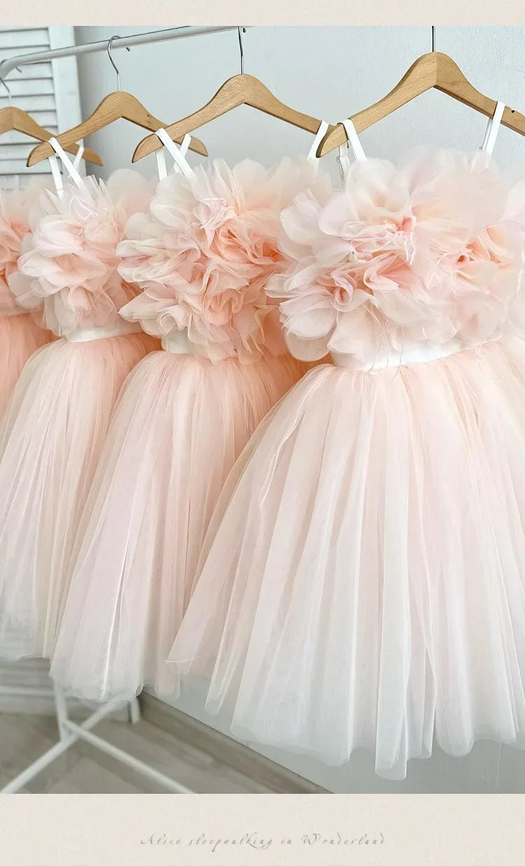 Girl Clothes Children's Flower Dress Wedding Princess Dresses Little Girls Pink Blue Strap Tulle Tutu Skirt Purple Spaghetti