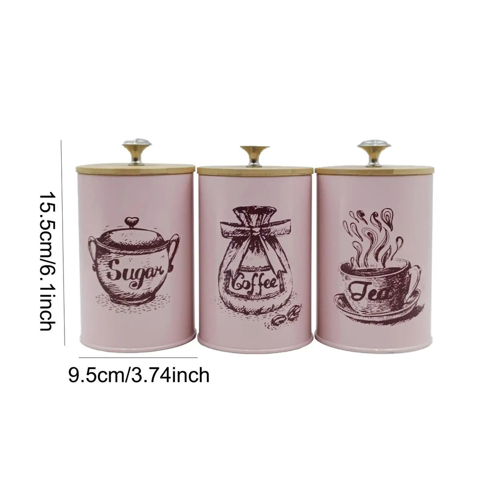 3Pcs Sealed Coffee Canister Set Iron Kitchen Counter Storage Jars with Lids Cover for Coffee Tea Sugar Container