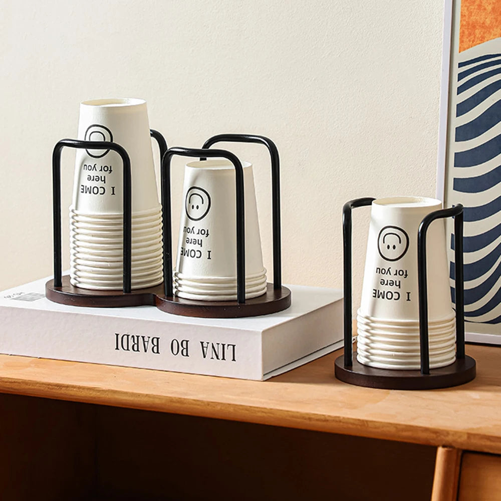 Wooden Disposable Cup Dispenser with Long Stick Tea Water Cup Storage Holder Rack Shelf Mug Display Stand Organizer for Home