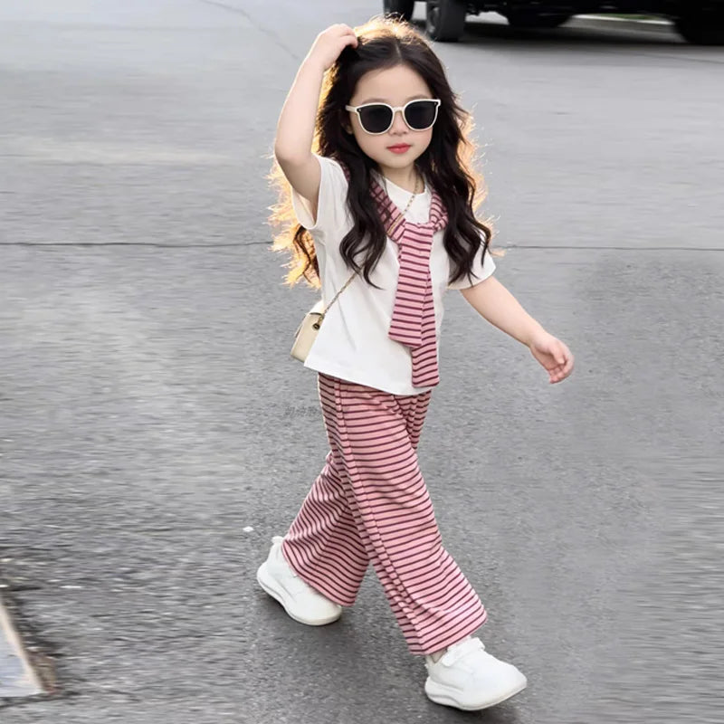 New Girls Summer Sets Children Casual Printed T-Shirt Suit Kids Short-Sleeve Top+Shorts Pcs Outfits Teenager Fashion Clothes