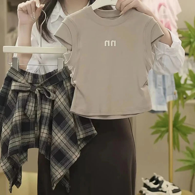 Summer Girls Clothing Set Solid Color Letter Print T-shirt+Plaid Irregular Skirt 2Pcs For 5-14 Years Teen Kids Fashion Outfit