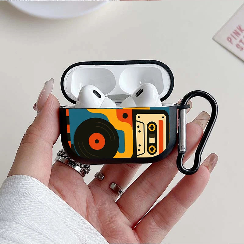 Trendy Retro Music Pattern Earbuds Case For AirPods 4/3/2/1 Case For AirPods Pro 3/Pro 2/Pro TPU Protective Cover with Keychain