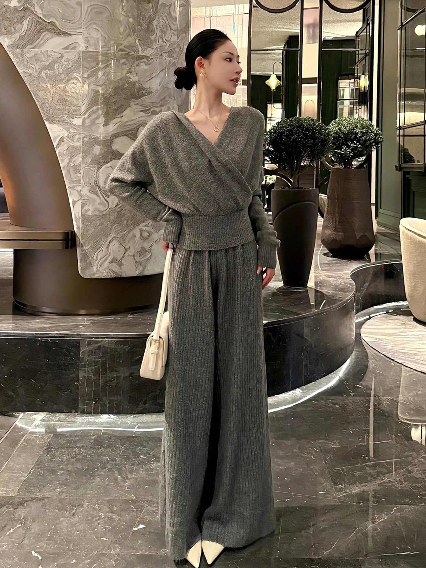 Elegant Autumn Winter Women's Outfit High Waist Wide Leg Pants V-Neck Long Sleeve Fashion Set Korean Style Casual Wear