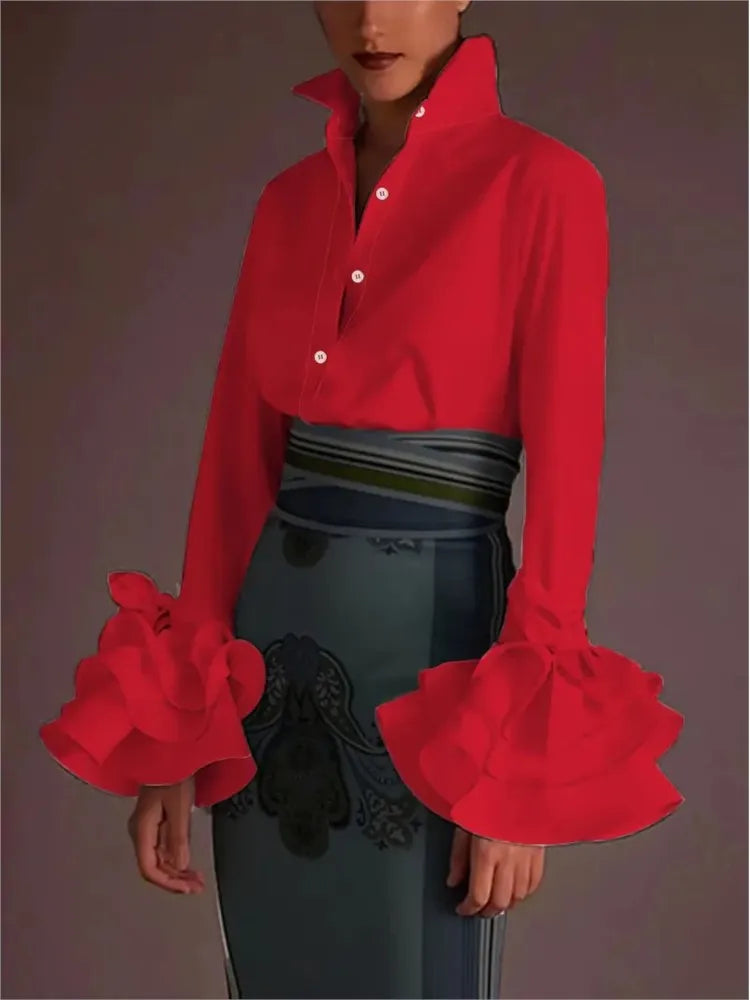 shirts & blouses Women Elegant Flared Sleeves Falbala Blouses Tops Spring Autumn  Casual Solid Office Lapel Buttons Shirts Tops