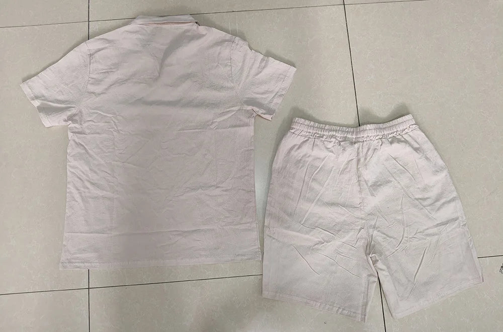 2 Pcs Sets Men's Summer Linen Polo and Shorts Simple Casual Beach Clothing Set Shirts Comfortable Hawaii Wear