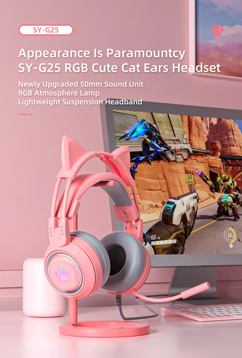 pink Gaming Headset for PC, PS4, PS5, Laptop 3.5mm Noise Reduction with Mic Noise Cancelling, LED Light for Girls, Women