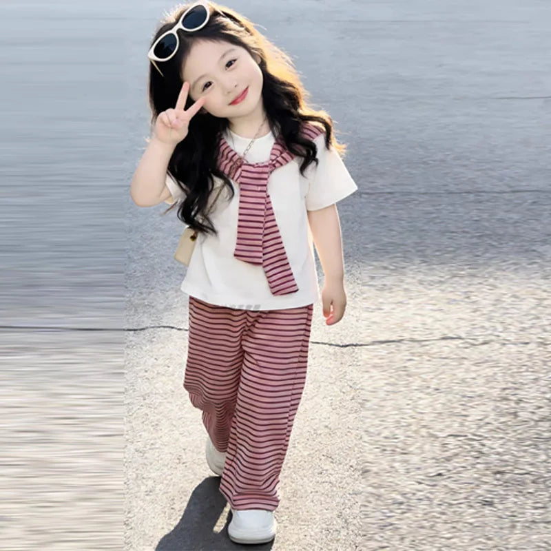 New Girls Summer Sets Children Casual Printed T-Shirt Suit Kids Short-Sleeve Top+Shorts Pcs Outfits Teenager Fashion Clothes