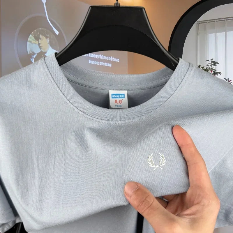 100% pure cotton high-end brand men's round neck short sleeved top summer fashion luxury wheat embroidery design casual T-shirt
