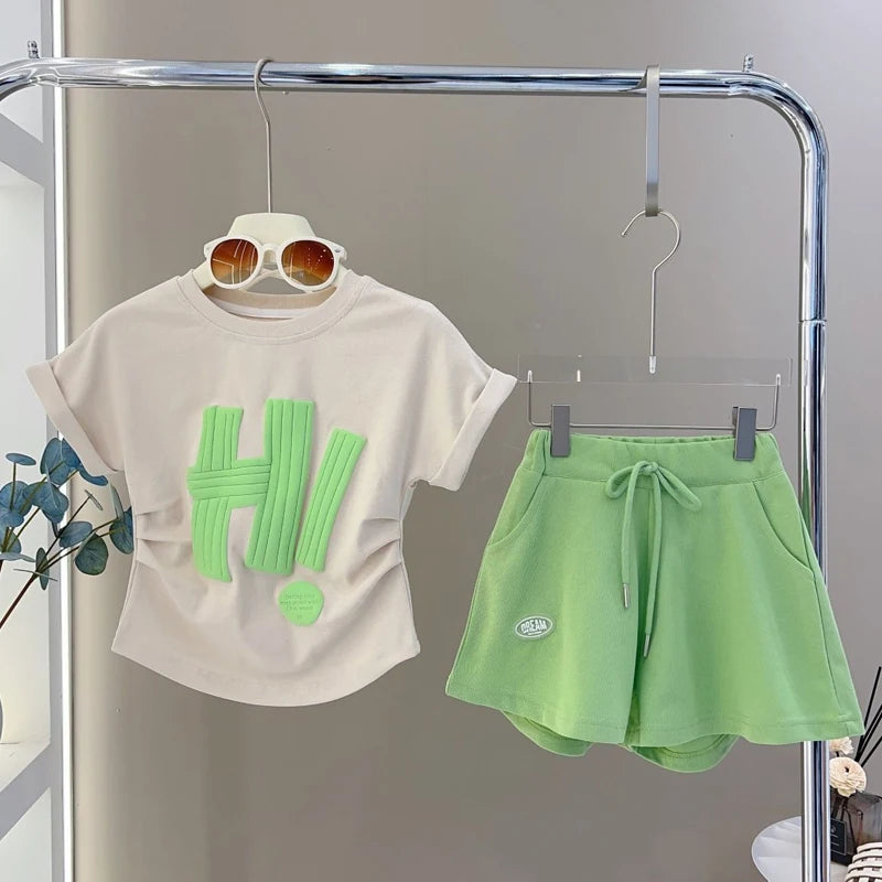 Teen Girls Clothing Set Summer New Letter Print Short-sleeved Tops+Shorts 2Pcs Suit For 4-12 Years Kids Casual Tracksuit Outfits