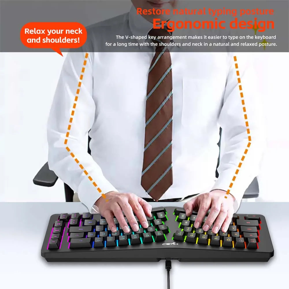 69 Keys Gaming Keyboard Creative Wave Shape Ergonimic Keyboard Office Relax Hand Wrist RGB Colorful Light Type C Wired Keyboard