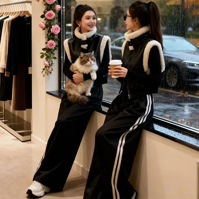 Autumn Winter Thickened Plush Patchwork Zipper Short Vest Women's High Waist Casual Wide Leg Pants Set Fashionable Cool