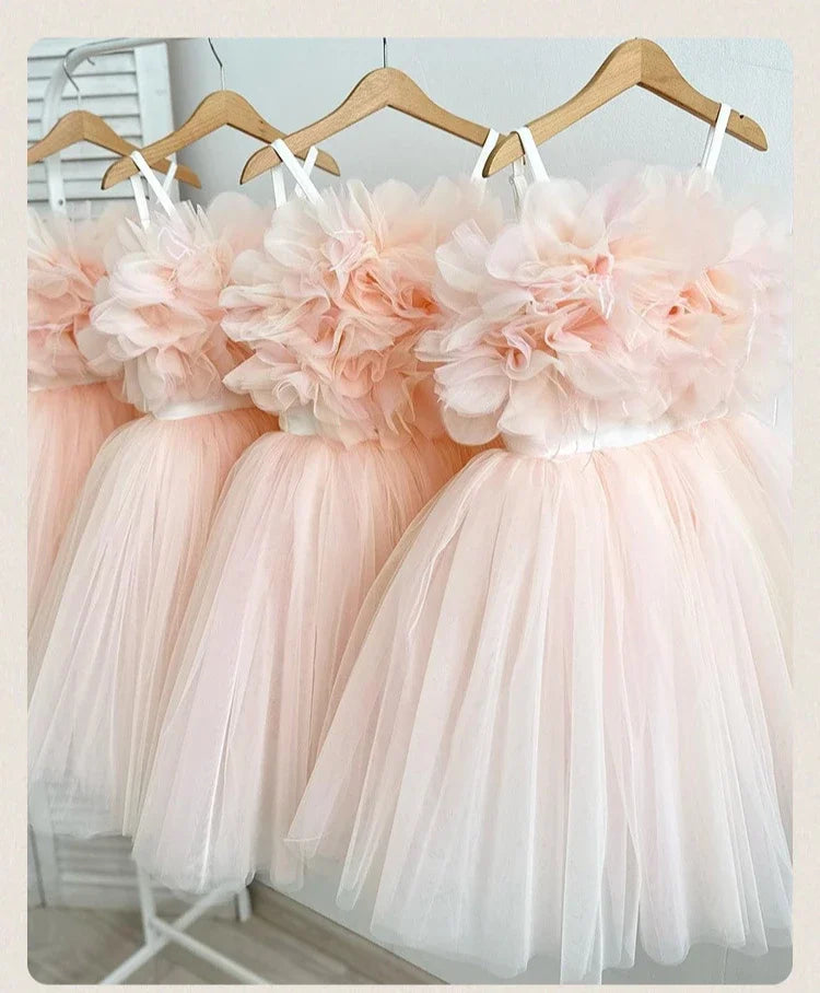 Girl Clothes Children's Flower Dress Wedding Princess Dresses Little Girls Pink Blue Strap Tulle Tutu Skirt Purple Spaghetti