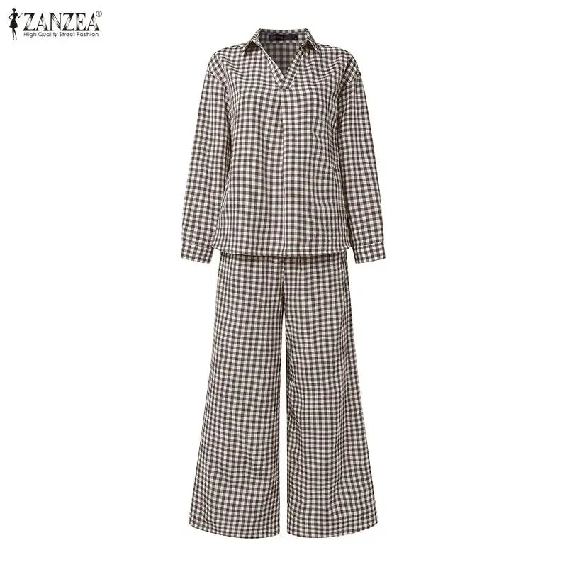 ZANZEA Women's Gingham Pant Suits Collared Long Sleeve High-Low Blouse & Wide Leg Pant 2 Pieces Sets Streetwear Casual Outfits