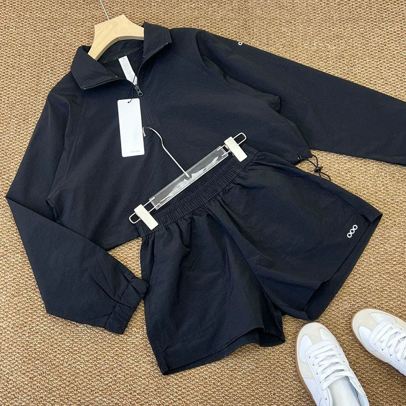 2026 Women's Spring/Summer Sports Long Sleeve Top and Shorts Classic Solid Color Casual Set Two Piece Set