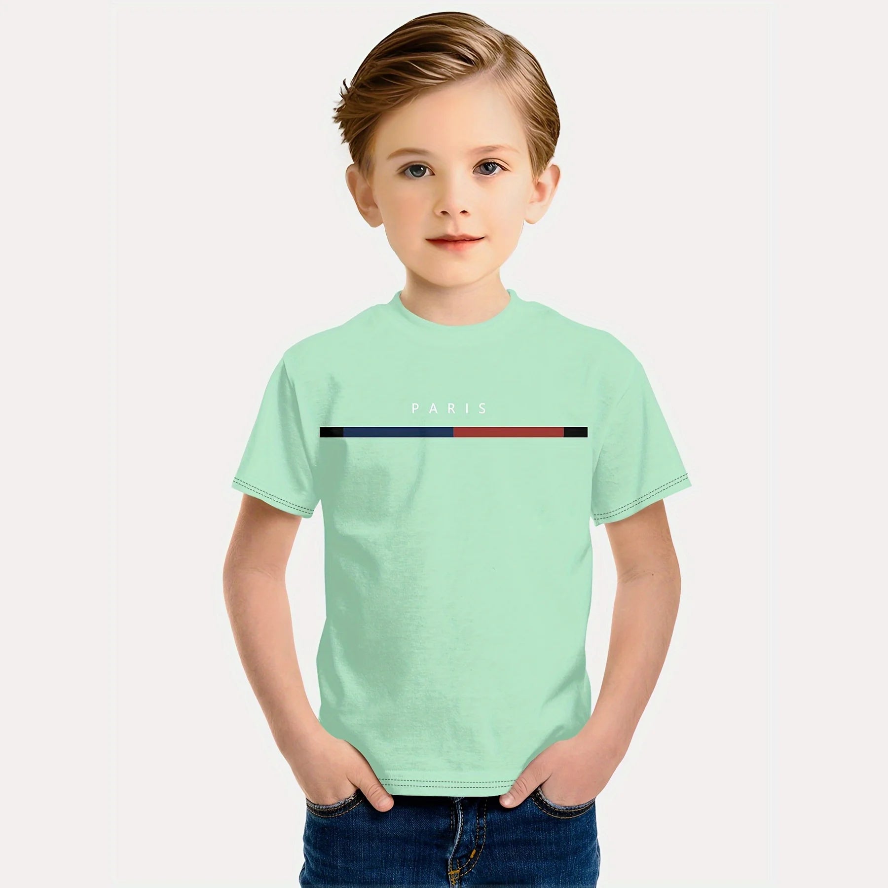 Kids Boys Clothes Simple Paris Letter Print Short Sleeve T Shirt Children Boys 2 to 9 Years Casual Comfortable Tees Children Top