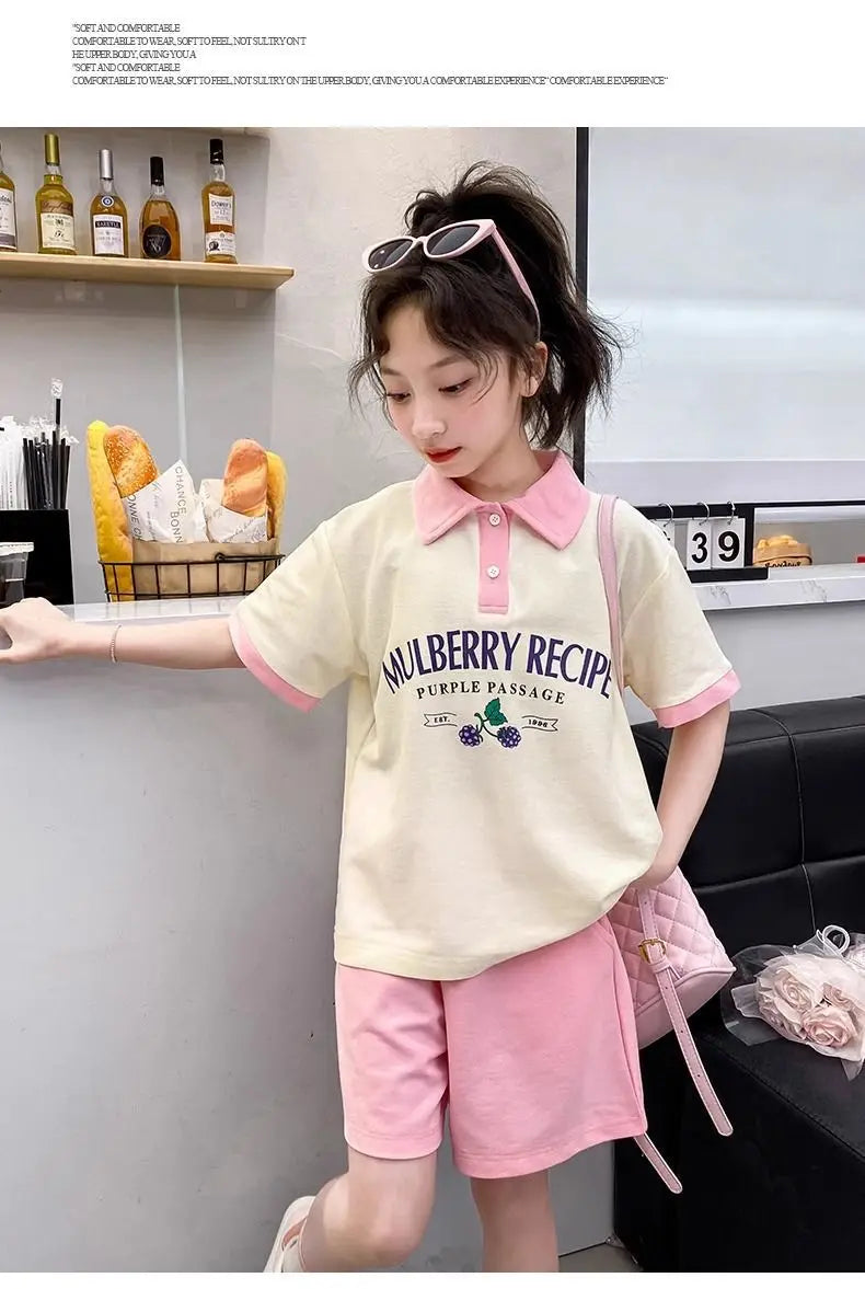 Summer Teenage Girls Clothes Set Children O-Neck Tshirt and Pleats Skirts Suit Student School Short Sleeve Tee Bottom Outfits