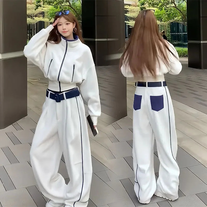 Korean Style Fashionable Set Women's Autumn Winter Design Collar Top Wide Leg Pants Two Piece Set Casual High Waist Polyester...