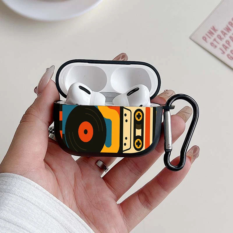 Trendy Retro Music Pattern Earbuds Case For AirPods 4/3/2/1 Case For AirPods Pro 3/Pro 2/Pro TPU Protective Cover with Keychain