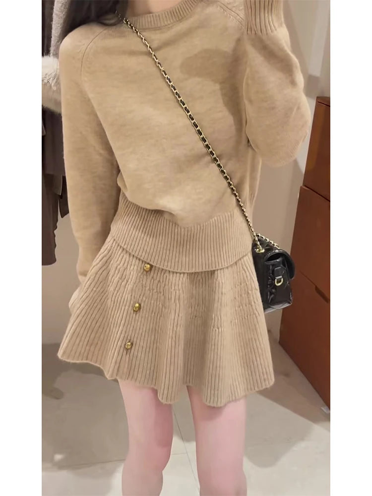 Women's Loose Knitted Sweater High Waist A-Line  Skirt Set round Neck Long Sleeve Fashionable Autumn Winter Ensemble