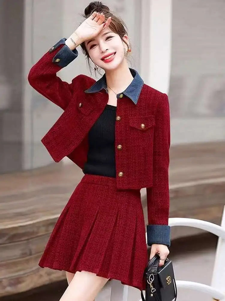 Women's Autumn Winter Short Splicing Coat High Waist Pleated Skirt Set Korean Style Floral Print Breathable Polyester Fiber