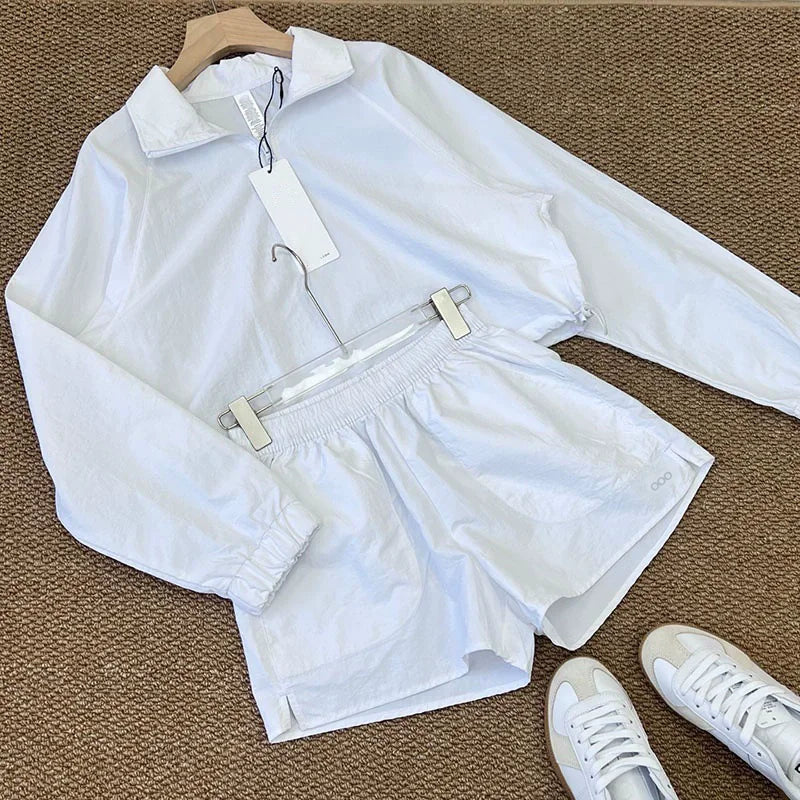 2026 Women's Spring/Summer Sports Long Sleeve Top and Shorts Classic Solid Color Casual Set Two Piece Set