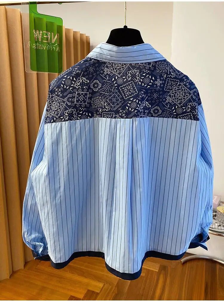 Chic Design Striped Long Sleeved Shirt Spring Autumn New Casual Retro Loose Shirts Versatile Women Fashion Tops