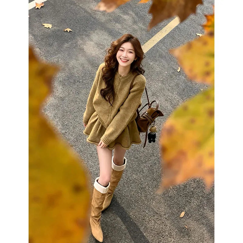 Korean Style Women's Knitted Cardigan And Short Skirt Two-Piece Set Warm And Fashionable Autumn Winter Outfit High Waist Skirt