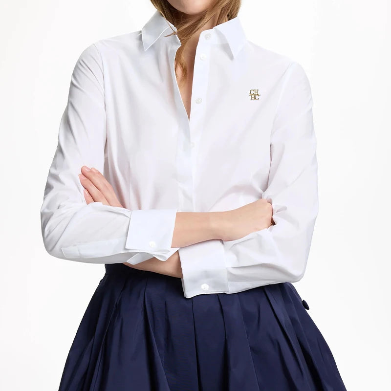 CH Fashion Women's Shirt High Quality Brand Letter Label Accessories Pure White 2025 New Women's Sexy Long Sleeve Shirt