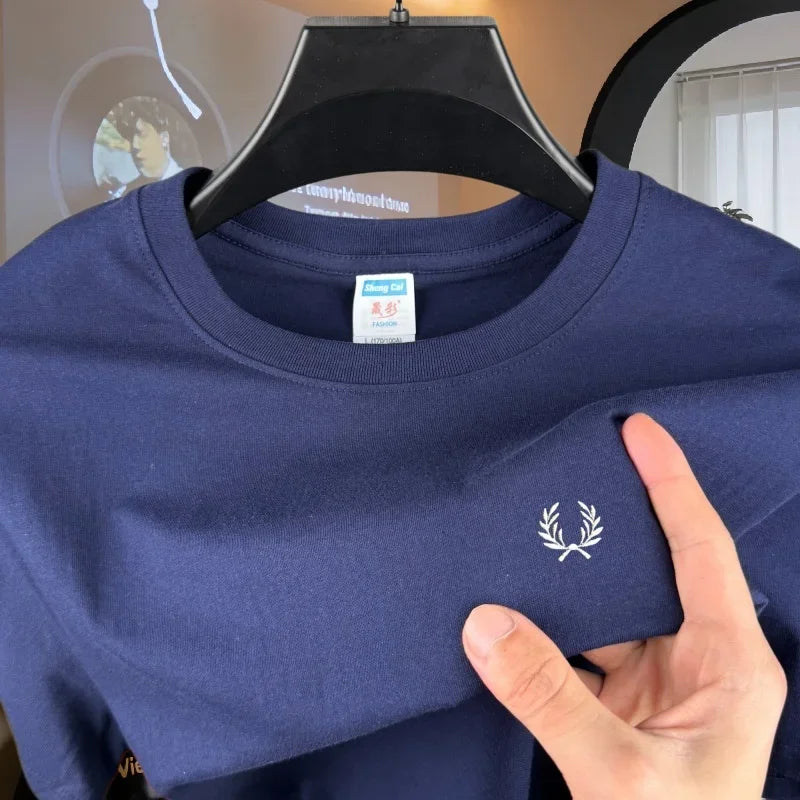 100% pure cotton high-end brand men's round neck short sleeved top summer fashion luxury wheat embroidery design casual T-shirt