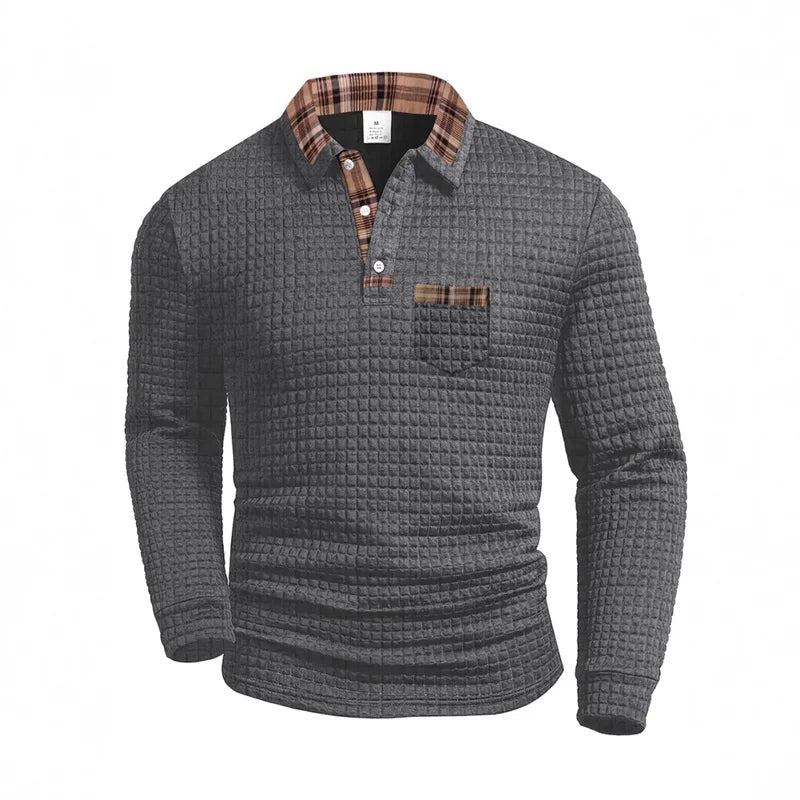 Men's casual polka dot jacquard solid color long-sleeved polo shirt, plaid patchwork collared pocket top, casual business style.